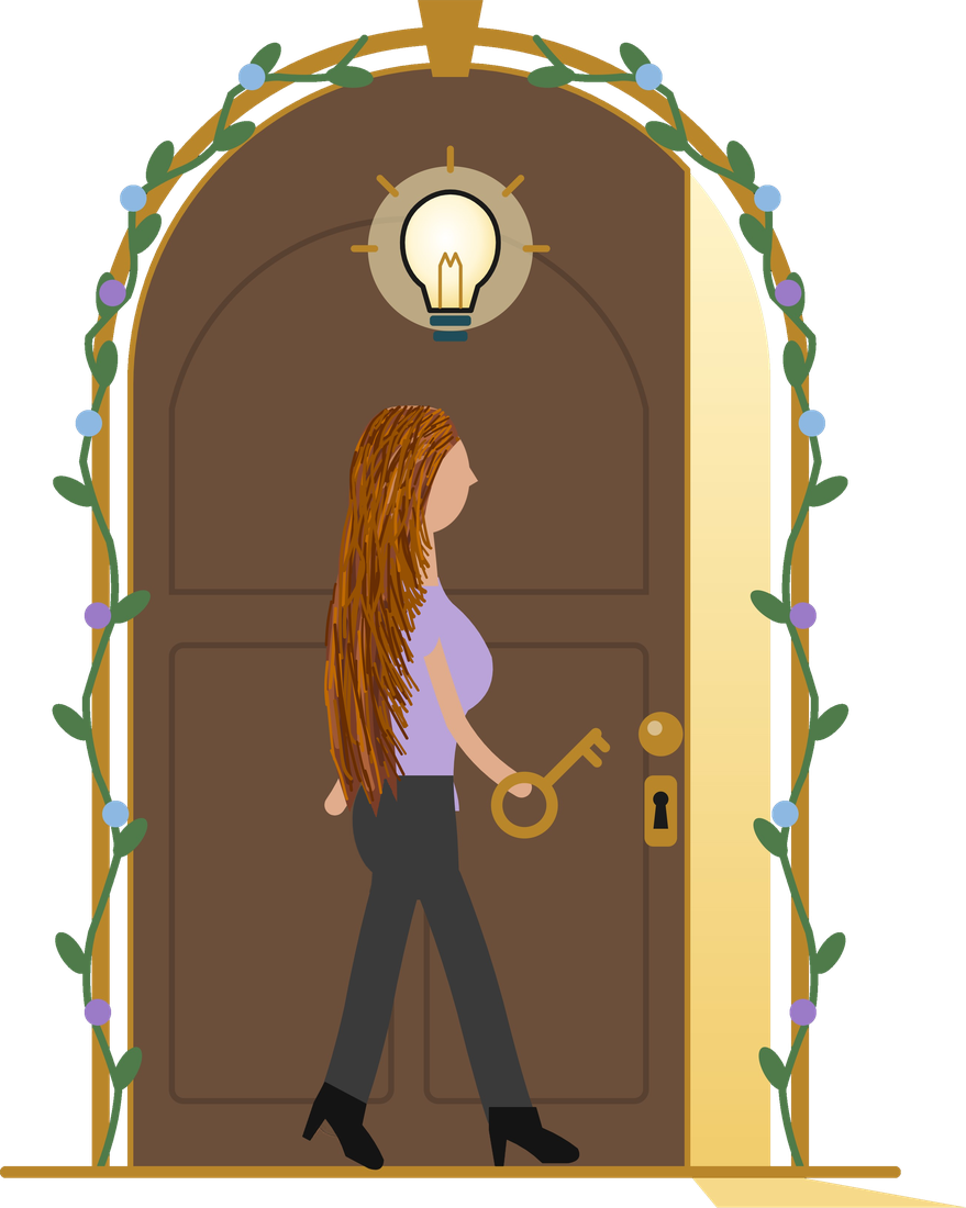 Illustration of a woman with long auburn hair walking through an arched doorway, holding a gold key, with a lit light bulb above the door